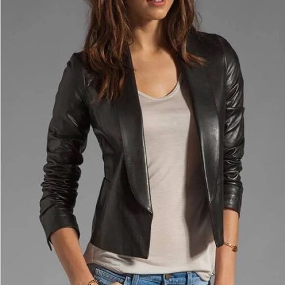 Vince Jackets & Blazers - Vince. Women's Black 100% Leather Shawl Collar Tuxedo Open Front Jacket Size 10